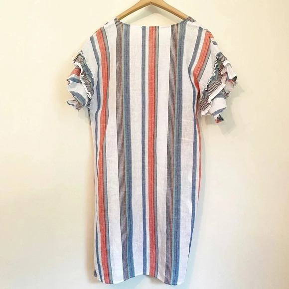 Chelsea & Theodore Short Double Ruffle Sleeve V-Neck Striped Linen Dress - Picture 9 of 9